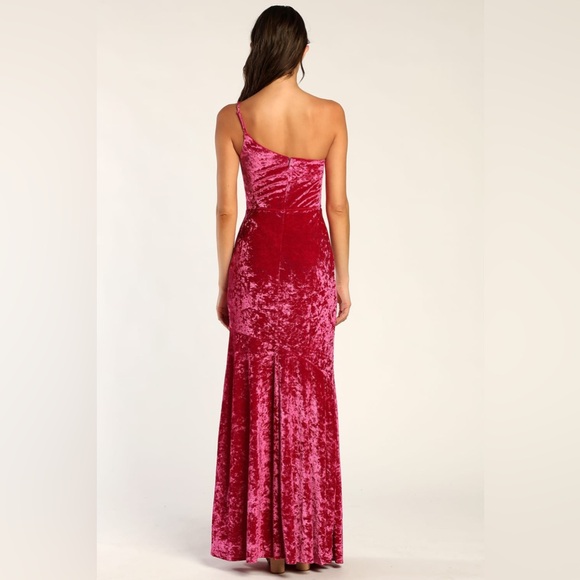 Hot Pink Crushed Velvet One-Shoulder Maxi Dress - Picture 2 of 3